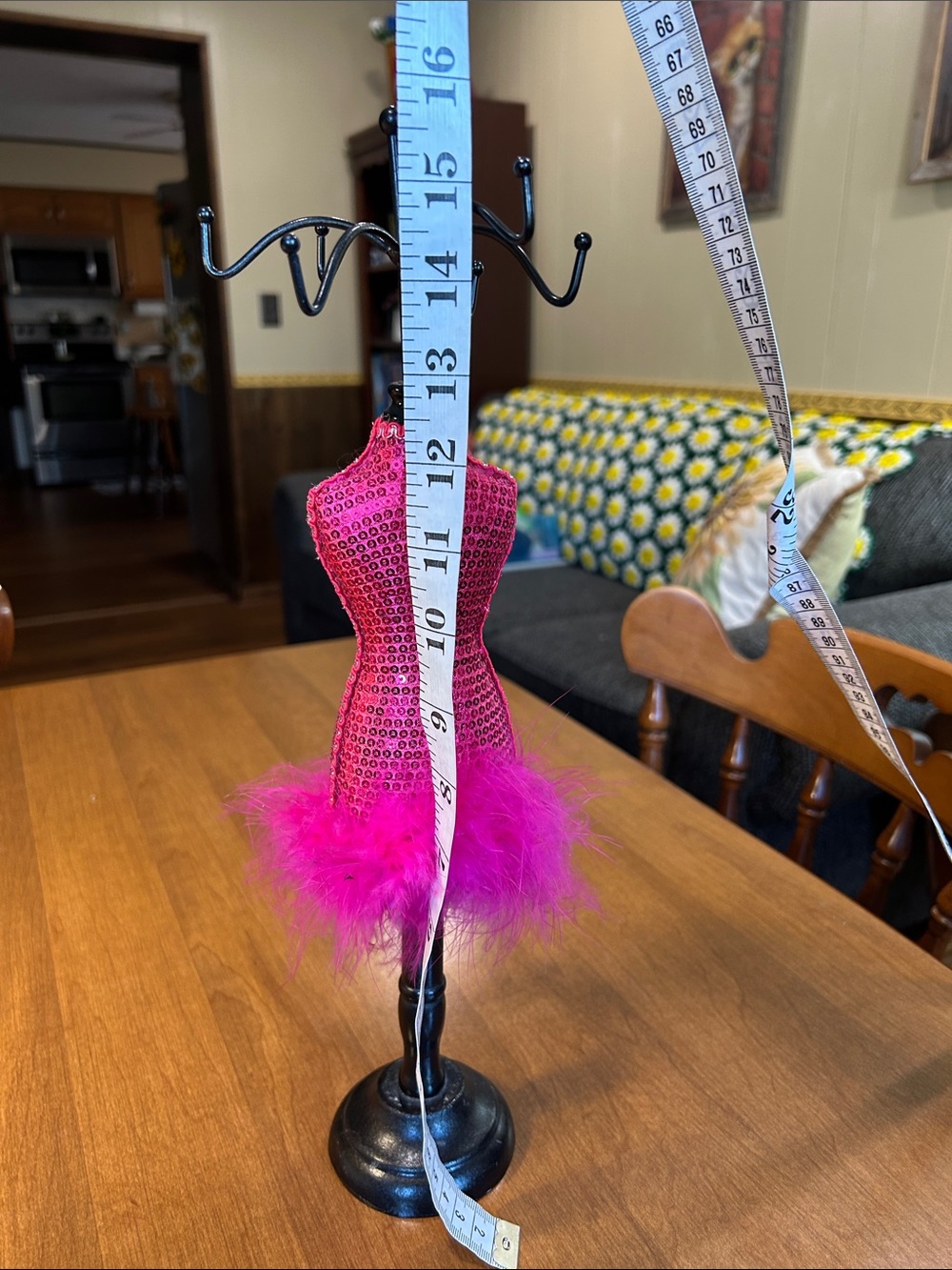 Hot Pink Sequin Mannequin Jewelry Holder with Feather Trim - Picture 6 of 6